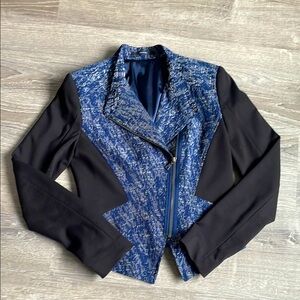 Tahari Blue and Black Blazer with Asymmetrical Zipper